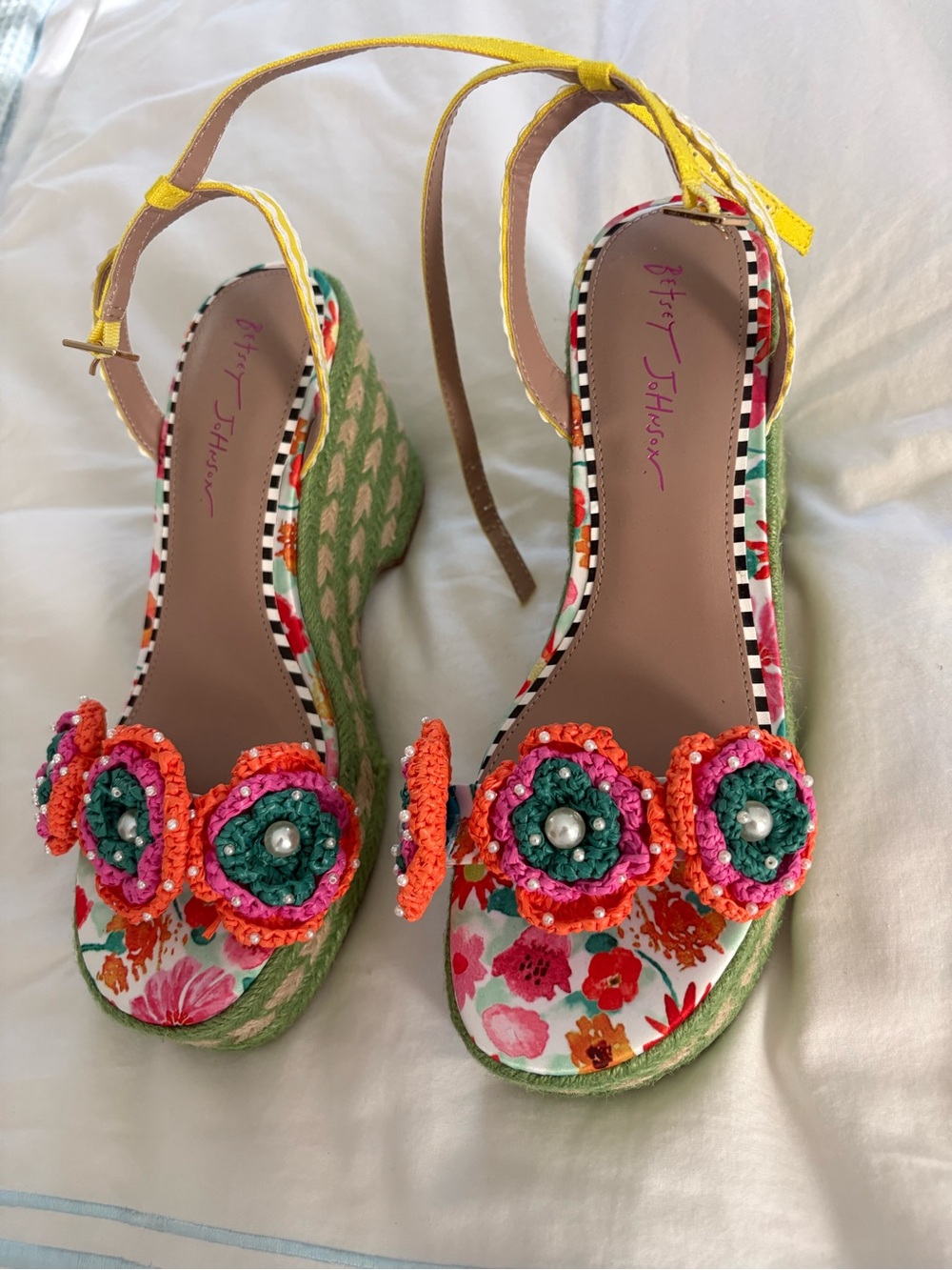 Betsey Johnson Yellow Floral Wedge Sandals with Crochet Flowers